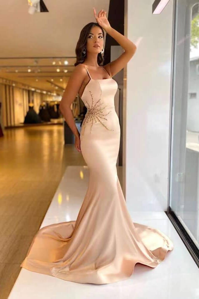Spaghetti-Strap Long Beaded Mermaid Prom Dress BM bride