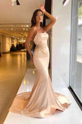 Pearl Pink Long Mermaid Spaghetti Strap Sleeveless Prom Dress With Beadings