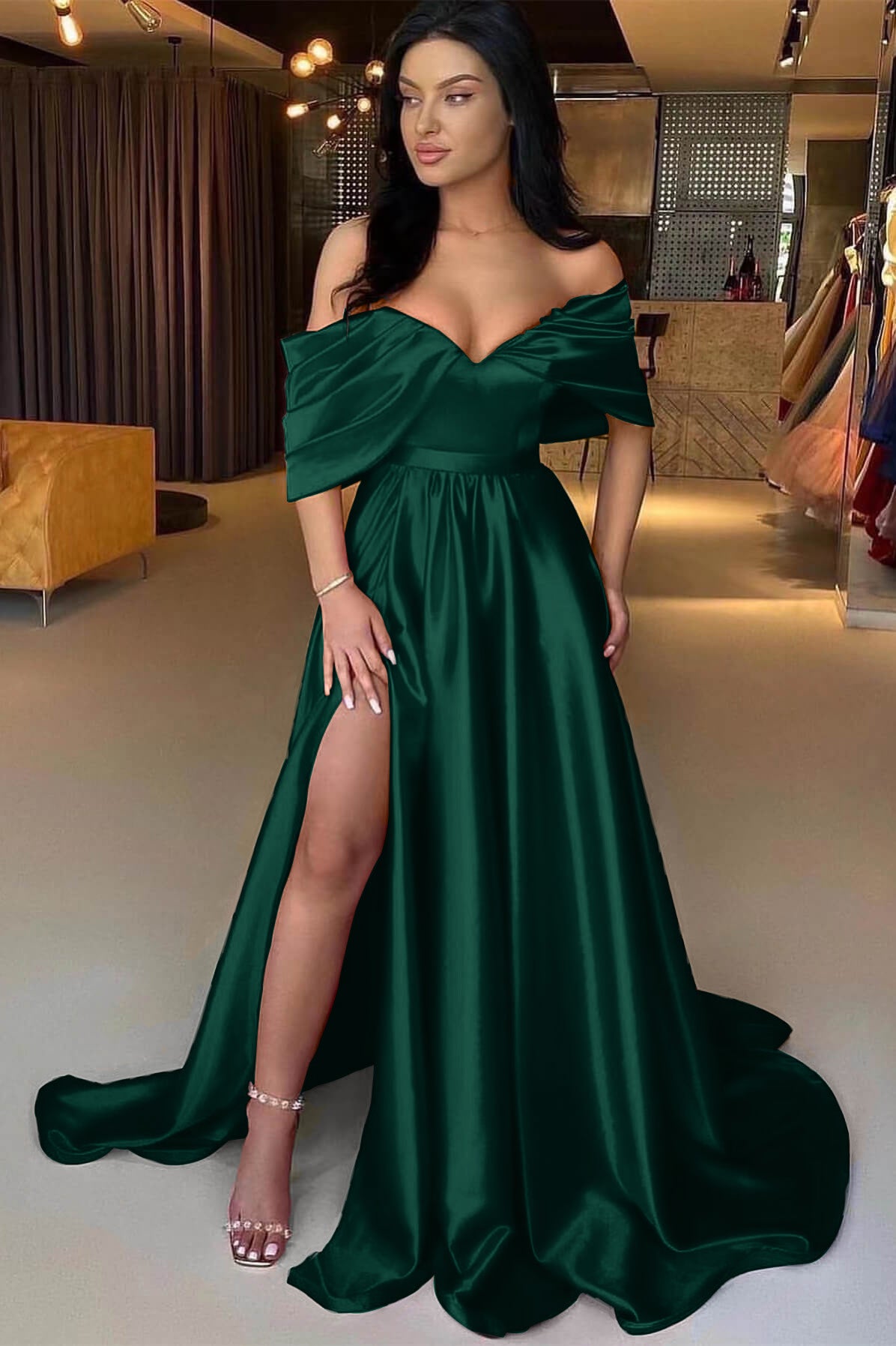Charming Red A Line Off the Shoulder Strapless Long Prom Dress With Split BMBRIDE
