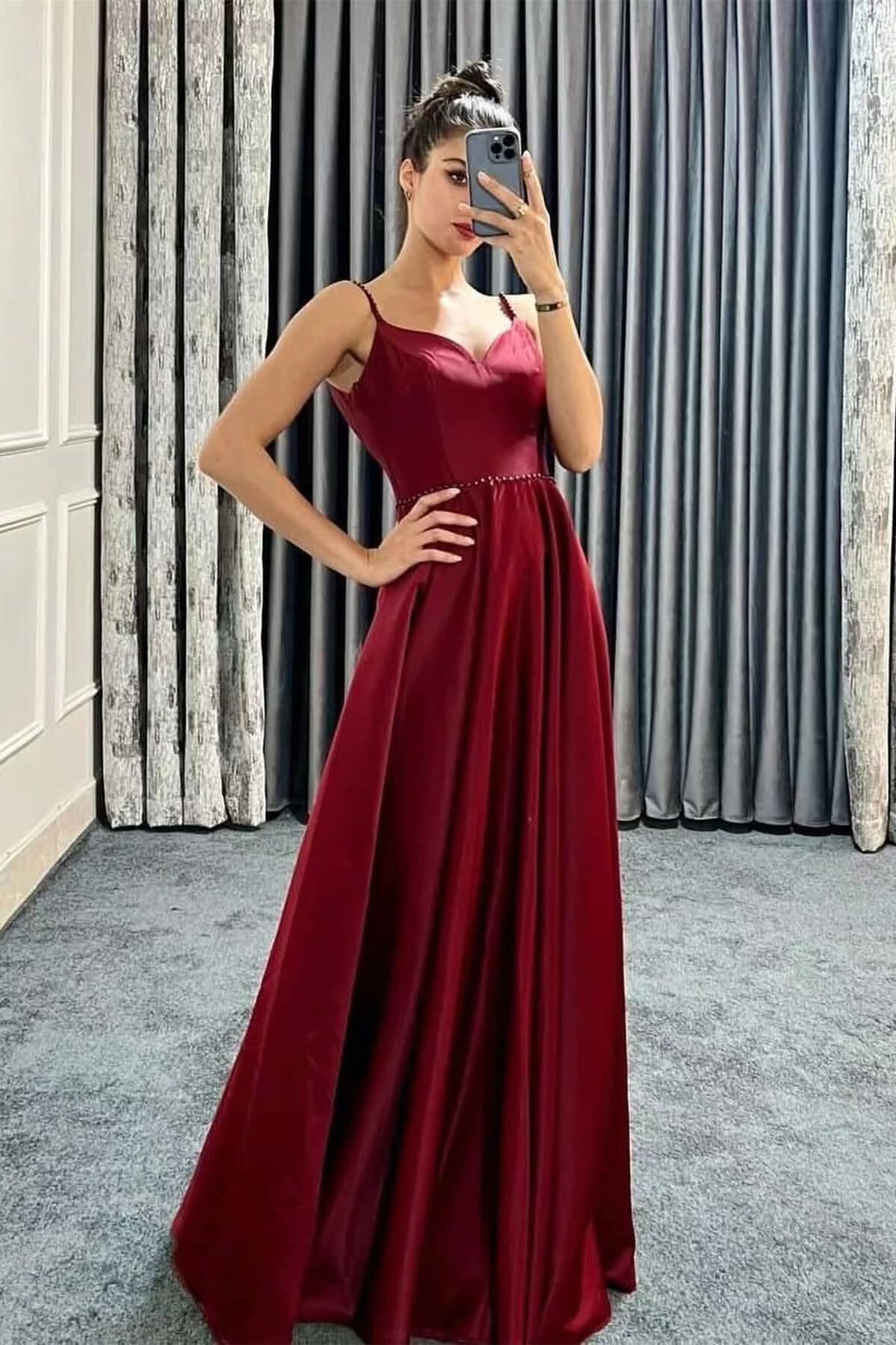 Spaghetti-Strap Sweetheart Long A-Line Prom Dress with Beads BM bride