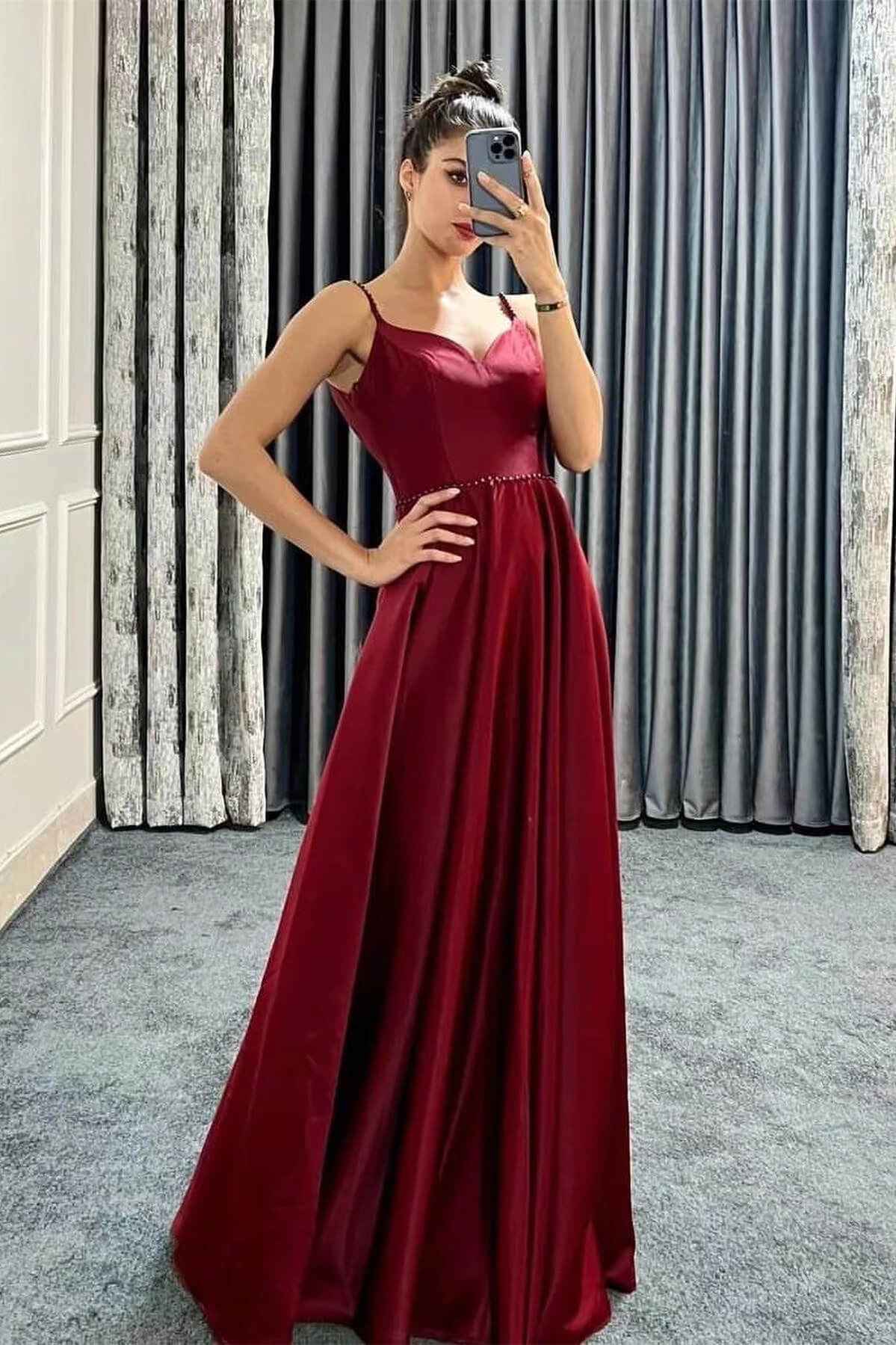 Spaghetti Strap Long A Line Sleeveless Sweetheart Prom Dress With Beadings