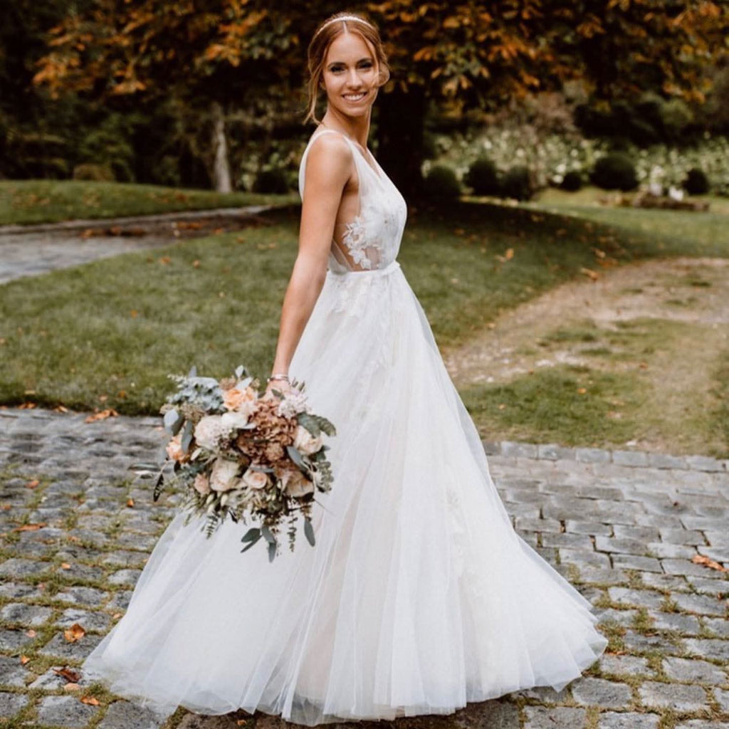 Deep V-Neck Floor-Length Floral A-Line Wedding Dress with Open Back and Tulle BM bride