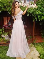 Pale Pink Off-the-Shoulder Evening Dress BM bride