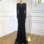 Sexy Black Sequin Prom Dress, Long Sleeve V-Neck High Slit Mermaid BM bride