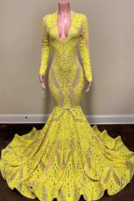 Gorgeous Bright Yellow Long Sleeves Long Mermaid Prom Dress With Embroidery