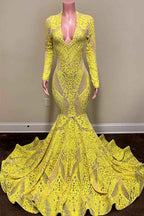 Bright Yellow Long Sleeves Long Mermaid Prom Dress With Embroidery