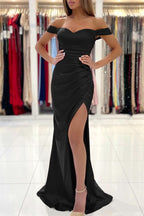 Red Off-The-Shoulder Sweetheart Mermaid Evening Dress with Slit Pleats BM bride