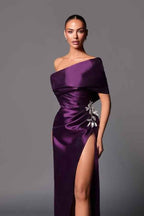 Purple One Shoulder Sleeveless Pleated Beadings Long Prom Dress With Split
