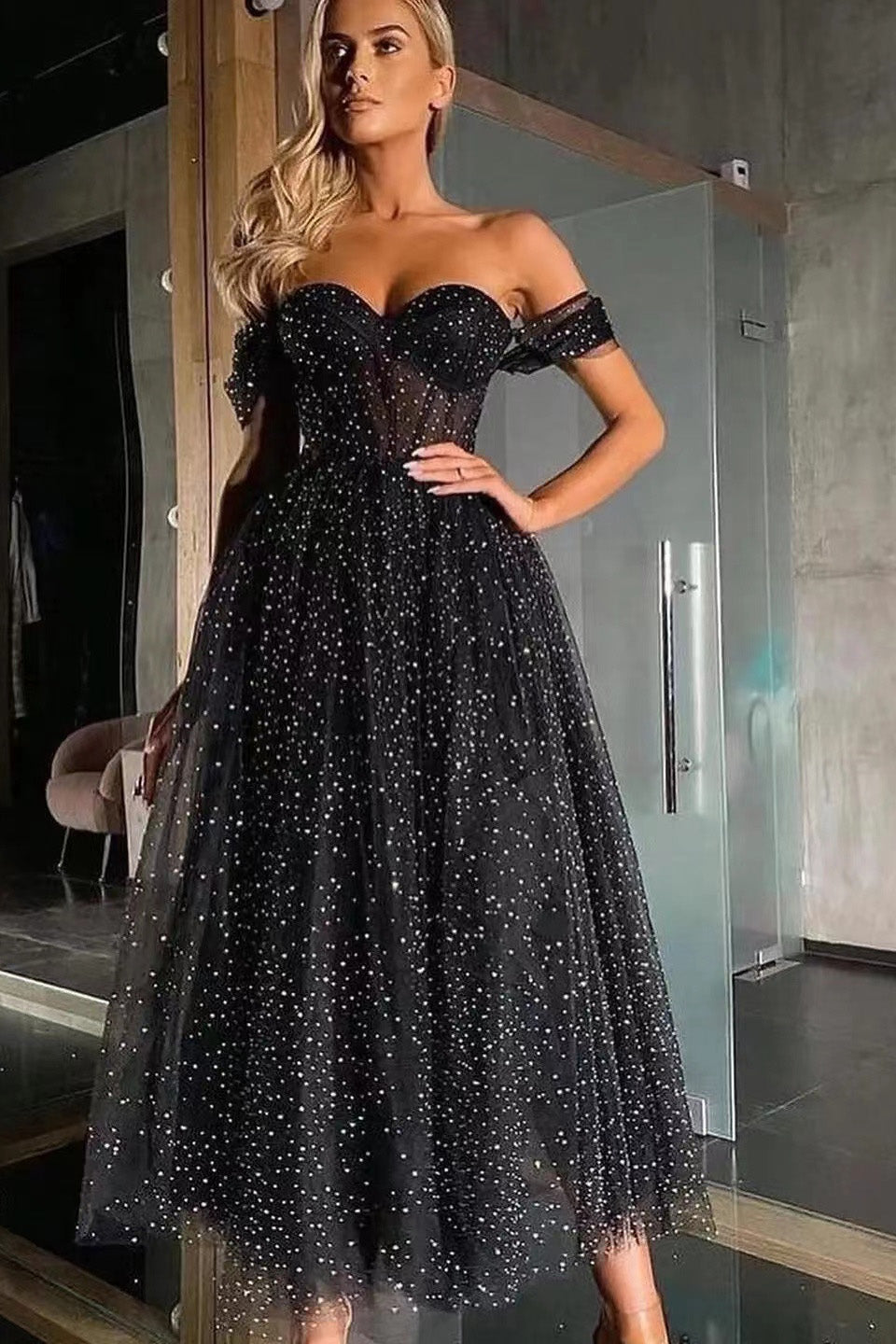Black Off-the-Shoulder Sweetheart A-Line Tulle Beaded Prom Dress BM bride