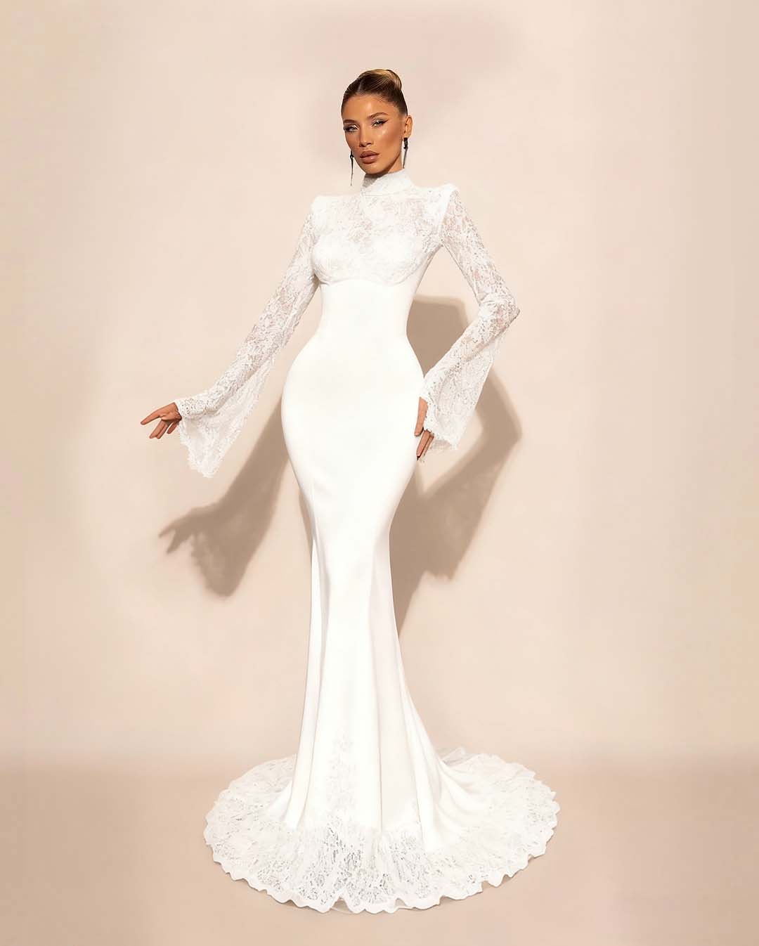 High Neck Lace Long Sleeves Long Mermaid Prom Dress With Pleated BMBRIDE