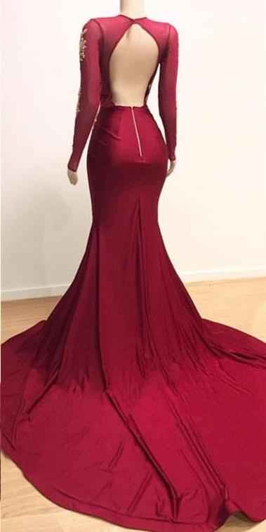 Long Sleeves Mermaid High Split Backless Prom Dress With Lace Appliques
