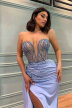 Sweetheart Sleeveless Beadings Light Blue Pleated Mermaid Prom Dress With Split