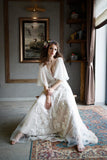 V-Neck A-Line Chiffon Lace Boho Wedding Dress with Belt BM bride