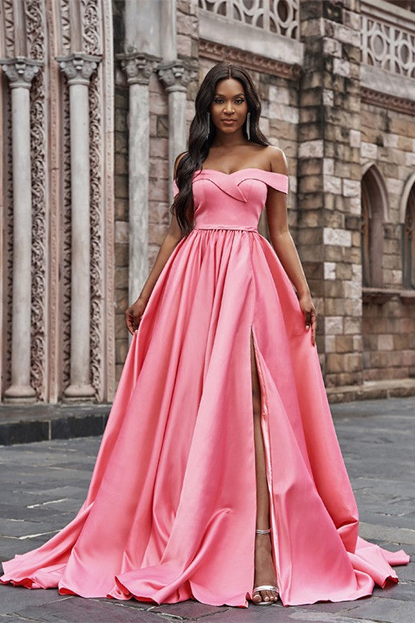Pink Off-the-Shoulder Long Prom Dress with Split BM bride