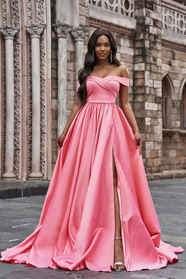 Pink Off-the-Shoulder Long Prom Dress with Split BM bride