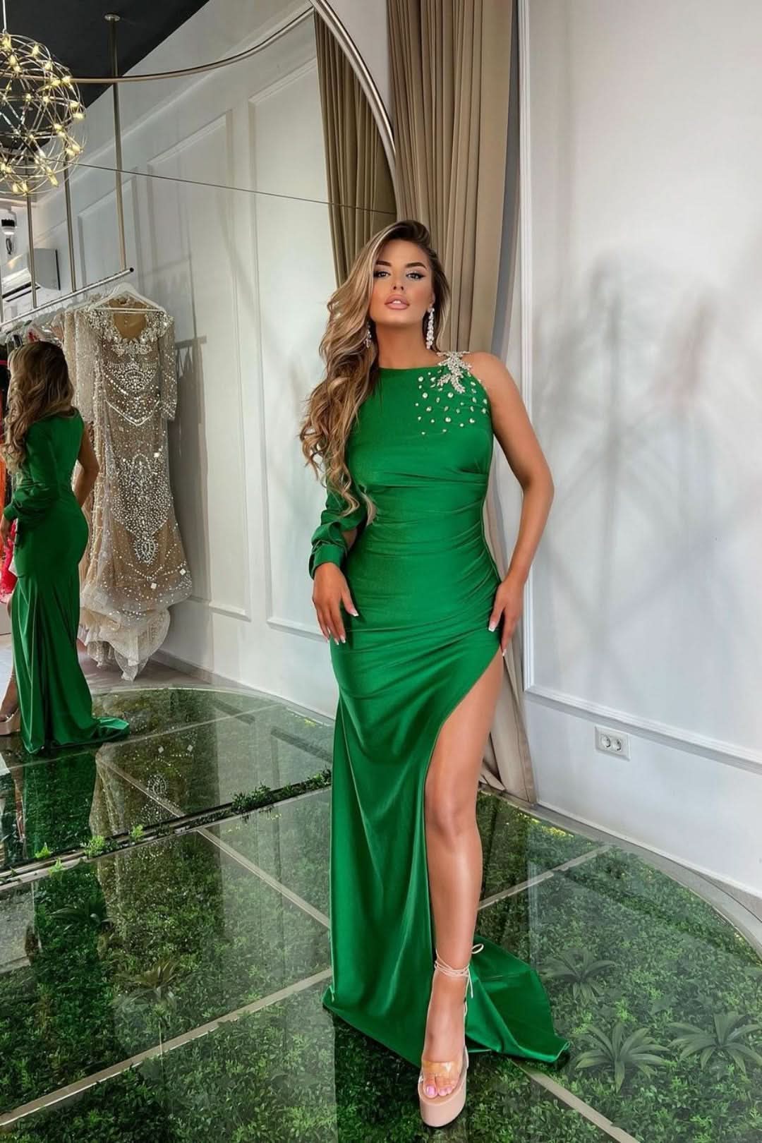Green Satin One-Shoulder Prom Dress with Slit, Rhinestones, and Appliques BM bride