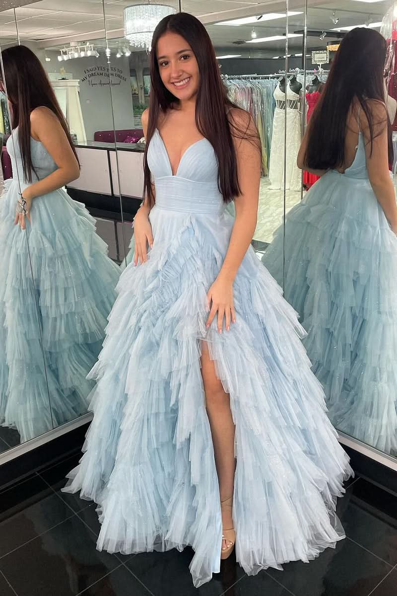 Charming A-Line Spaghetti Straps Tiered Tulle Prom Dress BM bride