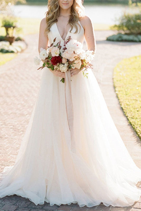 V-Neck Sleeveless Tulle Wedding Dress BM bride