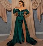 Dark Green Long Sleeve Sweetheart Mermaid Prom Dress with Front Split and Belt BM bride
