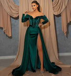 Dark Green Front Split Mermaid Sweetheart Prom Dress With Belts Long Sleeves