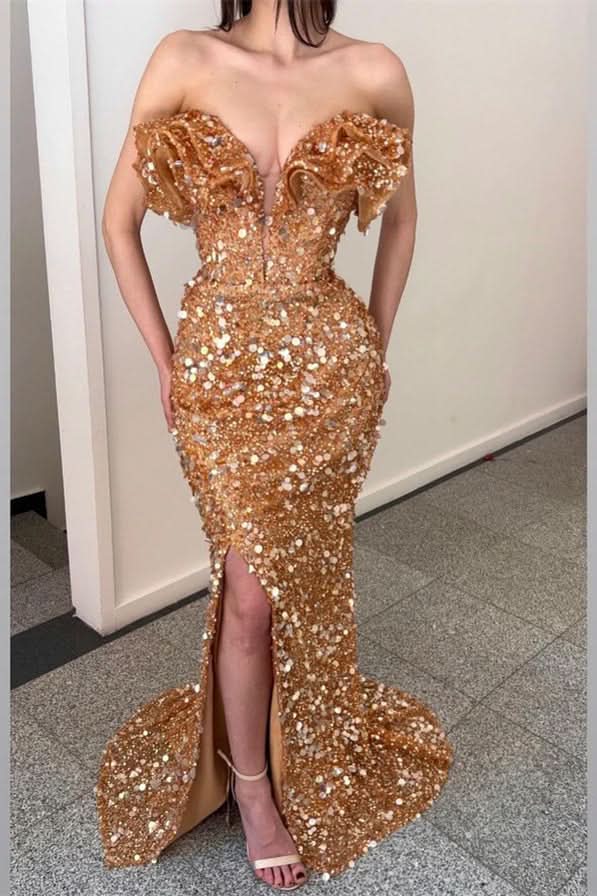 Champagne V Neck Pleated Sequins Prom Dress with Slit BM bride