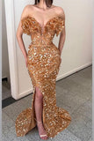 Champagne V Neck Pleated Sequins Prom Dress with Slit BM bride