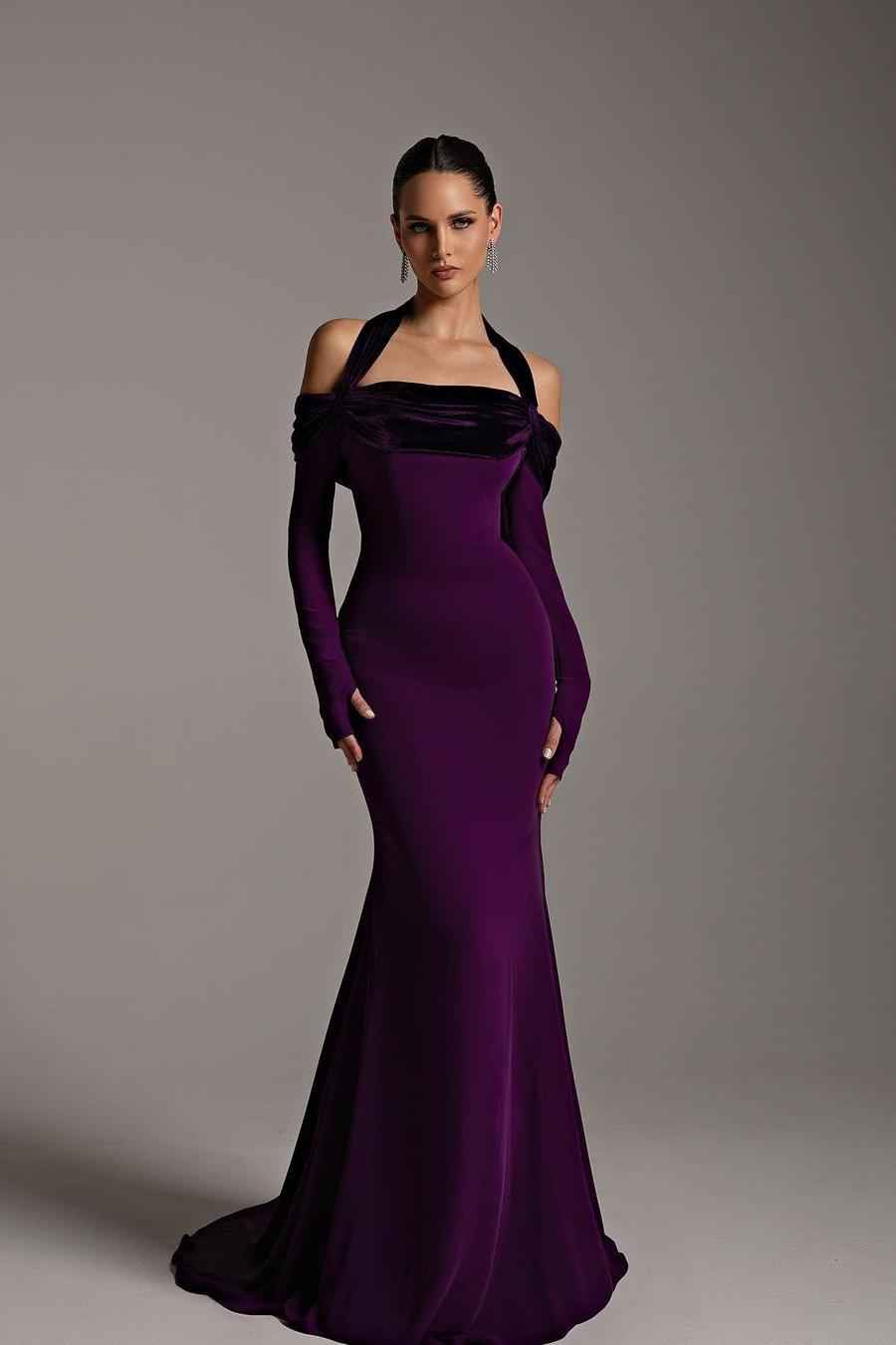 Off the Shoulder Long Sleeves Mermaid Long Prom Dress With Pleated