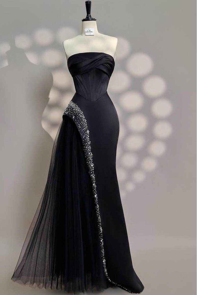 Chic Strapless Sleeveless Long Prom Dress With Beading Tulle