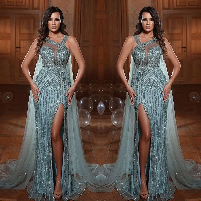 Elegant Straps Mermaid Evening Dress with Sequins, Tulle, and Split Beads BM bride