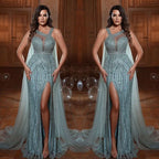 Elegant Straps Mermaid Evening Dress with Sequins, Tulle, and Split Beads BM bride