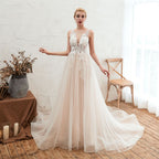 Delicate A-Line Bateau Tulle Open Back Wedding Dress with Floral Lace BM bride