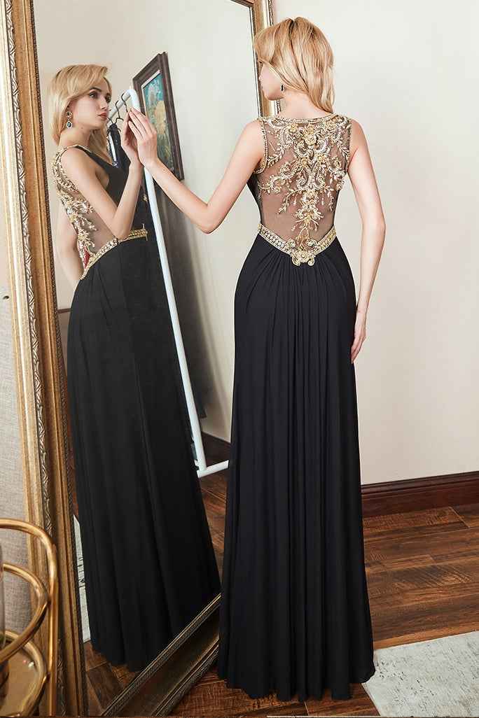 Straps Deep V Neck Sleeveless Beadings Long Prom Black Dress With Crystals