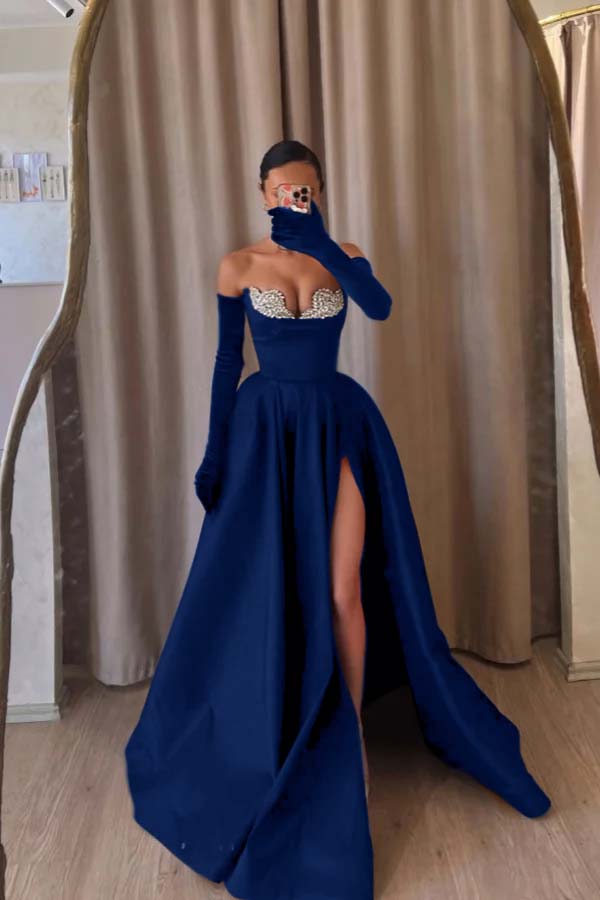 Strapless Sleeveless Long Split Prom Dress With Beading Long Gloves BMBRIDE
