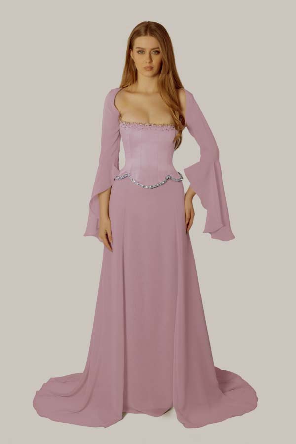 Chiffon Long Sleeves Long Mermaid Prom Dress With Beading Pleated BMBRIDE