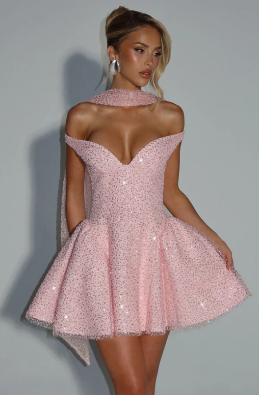 Off the Shoulder Sleeveless Short A Line Prom Dress With Sequin BMBRIDE