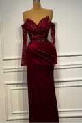Long Sleeves Strapless Long Mermaid Prom Dress With Beading Pleated