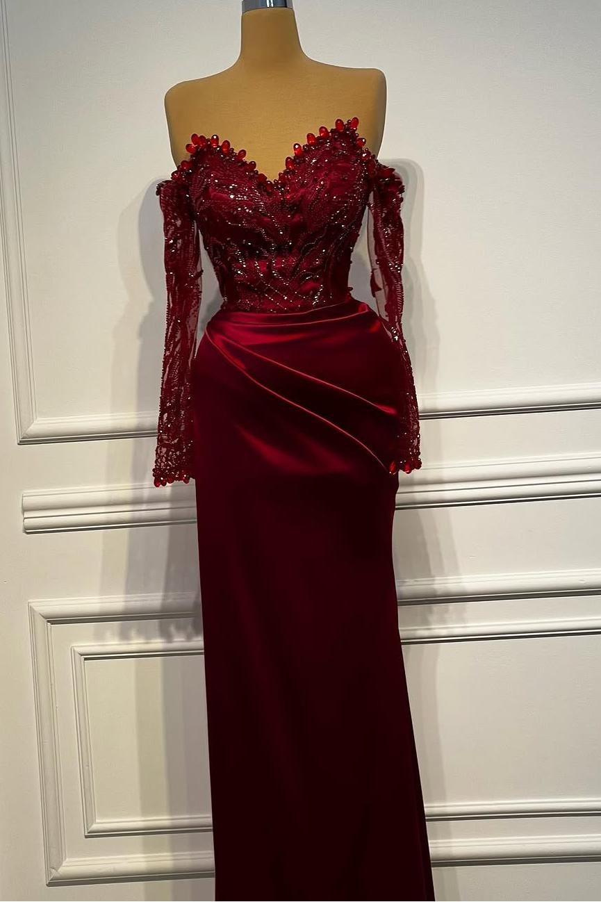 Long Sleeves Strapless Long Mermaid Prom Dress With Beading Pleated