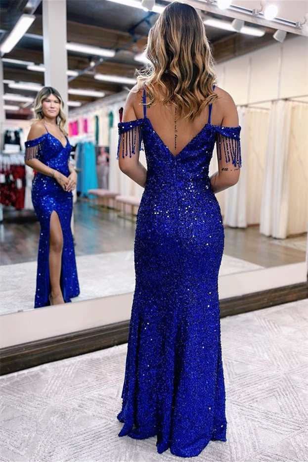 Royal Blue Spaghetti Strap Evening Dress with Tassel and Slit BM bride