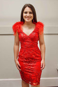 Sparkly Red Sequined Backless Tight Short Homecoming Dress with Feathers