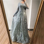 Elegant Ink Blue Long Sleeve Prom Dress, Sequin Applique A-Line BM bride