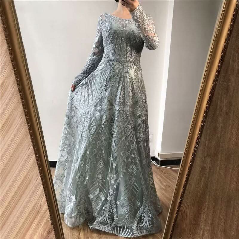 Elegant Ink Blue Long Sleeve Prom Dress, Sequin Applique A-Line BM bride