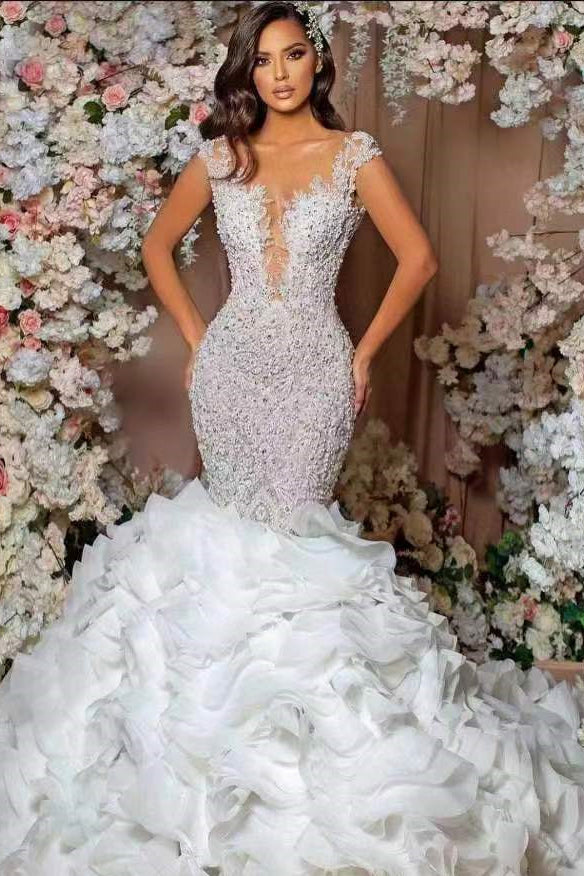 Glamorous Cap Sleeve Mermaid Wedding Dress with Lace Appliques and Ruffle BM bride