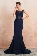 Stunning Navy Blue Jewel Neck Sleeveless Mermaid Prom Dress with Rhinestone Lace and Tassels BM bride