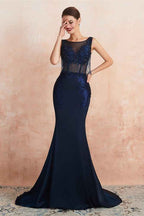 Gorgeous Navy Blue Sleeveless Jewel Neck Mermaid Prom Dress Lace With Tassels Rhinestone