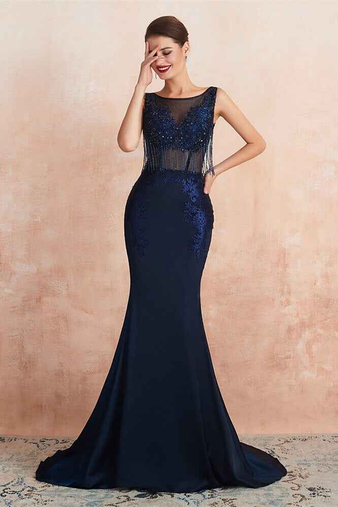 Gorgeous Navy Blue Sleeveless Jewel Neck Mermaid Prom Dress Lace With Tassels Rhinestone