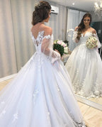 Elegant Long Princess Off-the-Shoulder Wedding Dress with Bubble Sleeves and Tulle BM bride