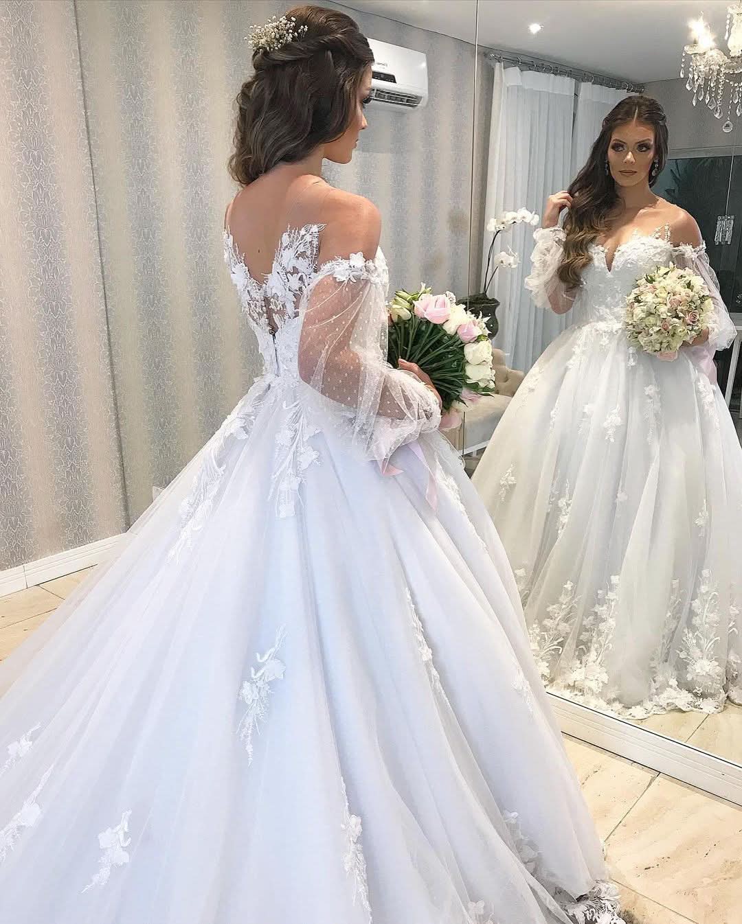 Elegant Long Princess Off-the-Shoulder Wedding Dress with Bubble Sleeves and Tulle BM bride