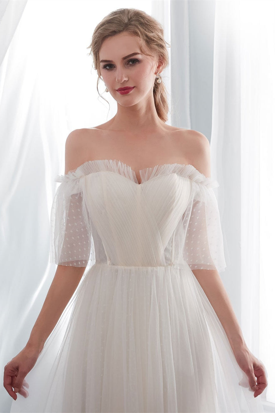 Off-the-Shoulder Tulle Beach Wedding Dress BM bride