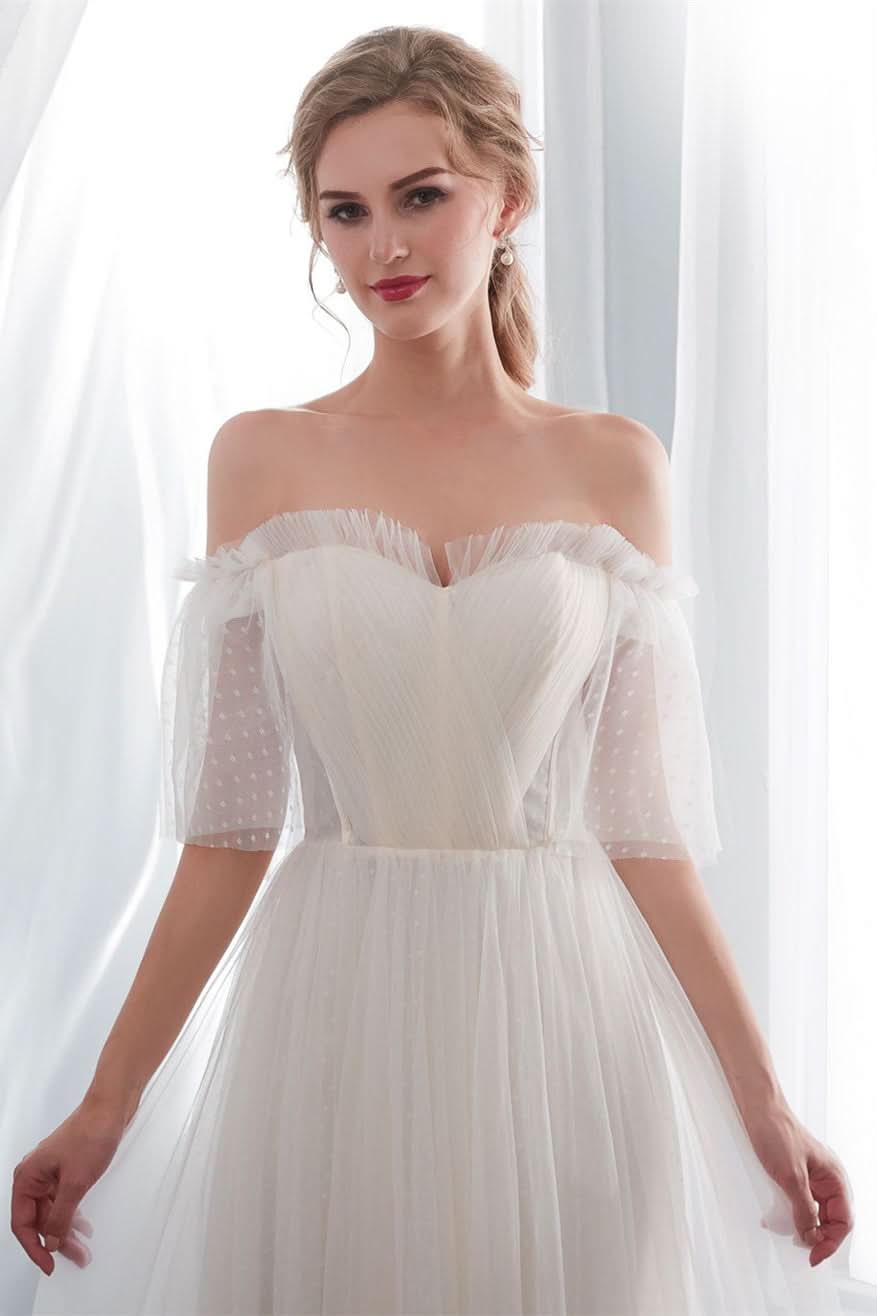 Off-the-Shoulder Tulle Beach Wedding Dress BM bride