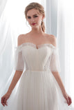 Off-the-Shoulder Tulle Beach Wedding Dress BM bride